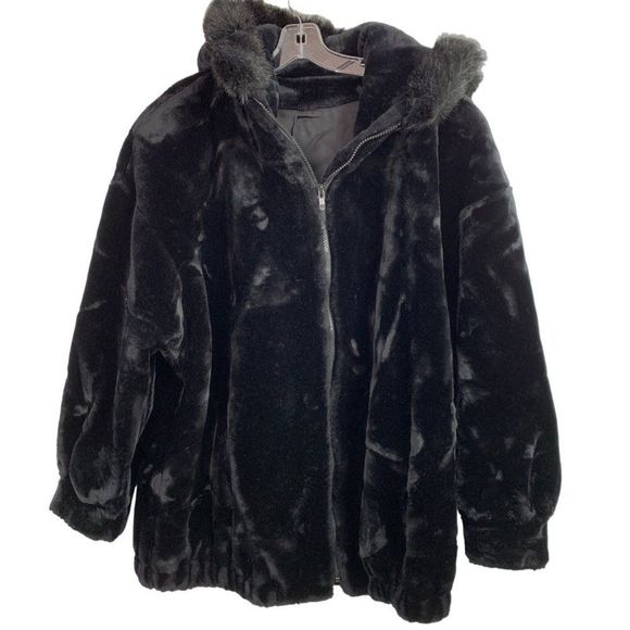 Jacobson's Vintage Faux Fur Zip Jacket Size 14 EUC Hood Black Plush Winter 6404 - Picture 2 of 10